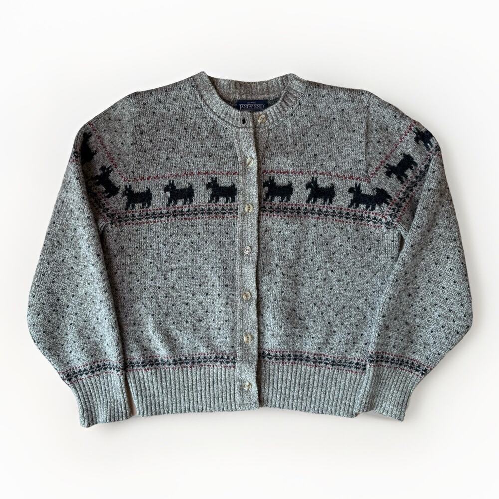 Vintage Lands End Cardigan Women's L Multicolor Wool Sweater Scottish Terrier